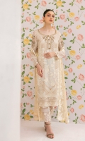 Embroidered chiffon front with sequence Embroidered chiffon back  Hand work neck patch Embroidered chiffon  sleeves Embroidered organza sleeves lace lace with pasting Embroidered organza ghera lace  Embroidered chiffon dupatta – 2.50 Meter Raw Silk trouser – 2.5 Meter Embroidered organza trouser lace