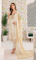 Embroidered chiffon front with sequence Embroidered chiffon back  Hand work neck patch Embroidered chiffon  sleeves Embroidered organza sleeves lace lace with pasting Embroidered organza ghera lace  Embroidered chiffon dupatta – 2.50 Meter Raw Silk trouser – 2.5 Meter Embroidered organza trouser lace