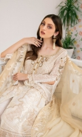 Embroidered chiffon front with sequence Embroidered chiffon back  Hand work neck patch Embroidered chiffon  sleeves Embroidered organza sleeves lace lace with pasting Embroidered organza ghera lace  Embroidered chiffon dupatta – 2.50 Meter Raw Silk trouser – 2.5 Meter Embroidered organza trouser lace