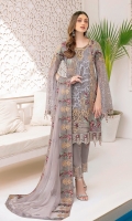 Embroidered chiffon front with sequence Embroidered chiffon back  Hand work neck patch Embroidered chiffon  sleeves Embroidered organza sleeves lace with pasting Embroidered organza ghera lace  Embroidered chiffon dupatta – 2.50 Meter Raw Silk trouser – 2.5 Meter Embroidered organza trouser lace