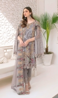 Embroidered chiffon front with sequence Embroidered chiffon back  Hand work neck patch Embroidered chiffon  sleeves Embroidered organza sleeves lace with pasting Embroidered organza ghera lace  Embroidered chiffon dupatta – 2.50 Meter Raw Silk trouser – 2.5 Meter Embroidered organza trouser lace