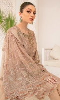 Embroidered chiffon front with sequence Embroidered chiffon back  Hand work neck patch Embroidered chiffon  sleeves Embroidered organza sleeves lace  Embroidered organza ghera lace  Embroidered chiffon dupatta – 2.50 Meter Raw Silk trouser – 2.5 Meter Embroidered organza trouser lace