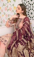 Embroidered chiffon front with sequence Embroidered chiffon back  Hand work neck patch Embroidered chiffon  sleeves Embroidered organza sleeves lace  Embroidered organza ghera lace  Embroidered Jamawar dupatta – 2.50 Meter Raw Silk trouser – 2.5 Meter Embroidered organza trouser lace