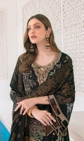 Embroidered chiffon front with sequence Embroidered chiffon back  Hand work neck patch Embroidered chiffon  sleeves Embroidered organza sleeves lace with pasting Embroidered organza ghera lace  Embroidered Jamawar dupatta – 2.50 Meter Raw Silk trouser – 2.5 Meter Embroidered organza trouser lace