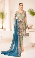 Embroidered chiffon front with sequence Embroidered chiffon back  Hand work neck patch Embroidered chiffon  sleeves Embroidered organza sleeves lace  Embroidered organza ghera lace  Embroidered chiffon dupatta – 2.50 Meter Raw Silk trouser – 2.5 Meter Embroidered organza trouser lace