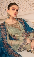 Embroidered chiffon front with sequence Embroidered chiffon back  Hand work neck patch Embroidered chiffon  sleeves Embroidered organza sleeves lace  Embroidered organza ghera lace  Embroidered chiffon dupatta – 2.50 Meter Raw Silk trouser – 2.5 Meter Embroidered organza trouser lace