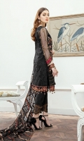 Embroidered Organza front with sequence– 30 inch Embroidered Organza back – 30 inch  Hand work neck patch Embroidered Organza sleeves  Embroidered Organza sleeves lace Embroidered Organza ghera lace Embroidered Net dupatta – 2.50 Meter Raw Silk trouser – 2.5 Meter  Embroidered Organza trouser patches