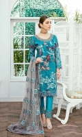 Embroidered Organza front with sequence– 30 inch Embroidered Organza back – 30 inch  Hand work neck patch Embroidered Organza sleeves  Embroidered Organza sleeves lace Embroidered Organza ghera lace Embroidered Net Dupatta – 2.50 Meter Grip trouser – 2.5 Meter  Embroidered Organza trouser patches