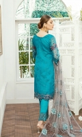 Embroidered Organza front with sequence– 30 inch Embroidered Organza back – 30 inch  Hand work neck patch Embroidered Organza sleeves  Embroidered Organza sleeves lace Embroidered Organza ghera lace Embroidered Net Dupatta – 2.50 Meter Grip trouser – 2.5 Meter  Embroidered Organza trouser patches