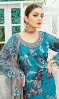 Embroidered Organza front with sequence– 30 inch Embroidered Organza back – 30 inch  Hand work neck patch Embroidered Organza sleeves  Embroidered Organza sleeves lace Embroidered Organza ghera lace Embroidered Net Dupatta – 2.50 Meter Grip trouser – 2.5 Meter  Embroidered Organza trouser patches