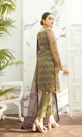 Embroidered Organza front with sequence – 30 inch Embroidered Organza back – 30 inch  Hand work neck patch Embroidered Organza sleeves  Embroidered Organza sleeves lace Embroidered Organza ghera lace Embroidered Net dupatta – 2.50 Meter Raw Silk trouser – 2.5 Meter  Embroidered Organza trouser patches