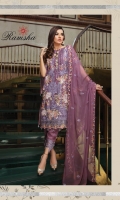 Embroidered chiffon front with sequins – 30 inch Embroidered chiffon back – 30  inch Embroidered chiffon sleeves – 1.25 Meter Embroidered tissue sleeves lace  – 1.25 Meter Embroidered tissue ghera lace – 1.5 Meter Embroidered chiffon dupatta – 2.50 Meter Raw Silk trouser – 2.5 Meter  Embroidered tissue trouser lace for pasting