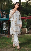 Embroidered chiffon front with sequins– 30 inch Embroidered chiffon back – 30 inch Embroidered chiffon sleeves – 1.25 Meter Embroidered tissue sleeves lace pasting with patches –1.25 Embroidered tissue ghera lace – 1.5 Meter Embroidered chiffon dupatta – 2.50 Meter Raw Silk trouser – 2.5 Meter  Embroidered tissue lace for pasting