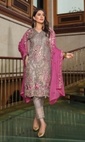 Embroidered chiffon front with sequins – 30 inch Embroidered chiffon back – 30 inch  Embroidered chiffon sleeves – 1.25 Meter Embroidered tissue sleeves lace  – 1.25 Meter Embroidered tissue ghera lace – 1.5 Meter Embroidered chiffon dupatta – 2.50 Meter Raw Silk trouser – 2.5 Meter  Embroidered tissue trouser lace for pasting  