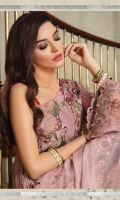 Embroidered chiffon front with sequins – 30 inch Embroidered chiffon back – 30 inch  Embroidered chiffon sleeves – 1.25 Meter Embroidered tissue sleeves lace pasting  with net patches – 1.25 Meter  Embroidered tissue ghera lace – 1.5 Meter Embroidered chiffon dupatta – 2.50 Meter Raw Silk trouser – 2.5 Meter  Embroidered tissue trouser lace for pasting