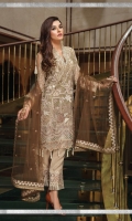 Embroidered chiffon front with sequins– 30 inch  Embroidered chiffon back – 30 inch Embroidered chiffon sleeves – 1.25 Meter  Embroidered tissue sleeves lace – 1.25 Meter Embroidered tissue ghera lace – 1.5 Meter Embroidered Net dupatta – 2.50 Meter  Raw silk trouser – 2.5 Meter  Embroidered tissue trouser lace for pasting