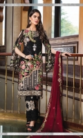 Embroidered chiffon front with sequins– 30 inch Embroidered chiffon back – 30 inch  Embroidered chiffon sleeves – 1.25 Meter Embroidered tissue sleeves lace – 1.25 Meter  Embroidered tissue ghera lace – 1.5 Meter Embroidered chiffon dupatta – 2.50 Meter  Raw Silk trouser – 2.5 Meter  Embroidered tissue trouser lace for pasting