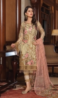 Embroidered chiffon front with sequins– 30 inch Embroidered chiffon back – 30 inch  Embroidered chiffon sleeves – 1.25 Meter Embroidered tissue sleeves lace – 1.25 Meter  Embroidered tissue ghera lace – 1.5 Meter Embroidered net dupatta – 2.50 Meter Raw Silk trouser – 2.5 Meter  Embroidered tissue trouser lace for pasting