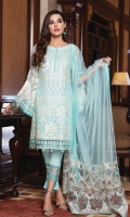 Embroidered chiffon front with sequins – 30 inch Embroidered chiffon back – 30 inch Embroidered Chiffon sleeves – 1.25 Meter Embroidered tissue sleeves lace  –1.25 Meter  Embroidered tissue ghera lace – 1.5 Meter Embroidered net dupatta – 2.50 Meter Raw Silk trouser – 2.5 Meter  Embroidered tissue trouser lace for pasting  