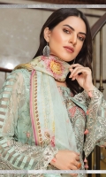 Embroidered chiffon front with sequins – 30 inch Embroidered chiffon back – 30 inch Embroidered chiffon sleeves – 1.25 Meter  Embroidered tissue sleeves lace – 1.25 Meter Embroidered tissue ghera lace – 1.5 Meter Digital Printed Silk dupatta – 2.50 Meter Raw silk trouser – 2.5 Meter  Embroidered tissue trouser lace for pasting  