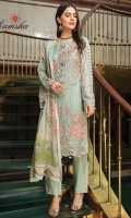 Embroidered chiffon front with sequins – 30 inch Embroidered chiffon back – 30 inch Embroidered chiffon sleeves – 1.25 Meter  Embroidered tissue sleeves lace – 1.25 Meter Embroidered tissue ghera lace – 1.5 Meter Digital Printed Silk dupatta – 2.50 Meter Raw silk trouser – 2.5 Meter  Embroidered tissue trouser lace for pasting  
