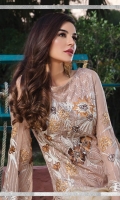 Embroidered chiffon front with sequins – 36 inch Embroidered chiffon back – 36 inch  Embroidered chiffon sleeves – 1.25 Meter Embroidered tissue sleeves lace  Embroidered tissue ghera lace –1.5 Meter  Digital Printed Silk dupatta – 2.50 Meter Raw Silk trouser – 2.5 Meter  Embroidered tissue trouser lace for pasting