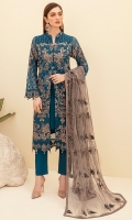 Embroidered Chiffon front with sequins         Embroidered Chiffon back Embroidered Chiffon sleeves Embroidered Organza sleeves lace Embroidered Organza ghera lace Embroidered Net dupatta – 2.5 Meter Raw silk trouser – 2.5 Meter Embroidered Organza trouser lace