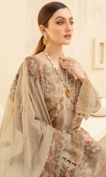 Embroidered Chiffon front with sequins Embroidered Chiffon back Embroidered Chiffon sleeves Embroidered net sleeves lace Embroidered net ghera lace Embroidered Chiffon dupatta – 2.5 Meter Raw silk trouser – 2.5 Meter Embroidered net trouser lace