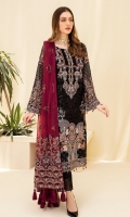 Embroidered Chiffon front with sequins Embroidered Chiffon back Embroidered Chiffon sleeves Embroidered Organza sleeves lace Embroidered Organza ghera lace Embroidered Net dupatta – 2.5 Meter Raw silk trouser – 2.5 Meter Embroidered Organza trouser lace
