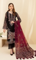 Embroidered Chiffon front with sequins Embroidered Chiffon back Embroidered Chiffon sleeves Embroidered Organza sleeves lace Embroidered Organza ghera lace Embroidered Net dupatta – 2.5 Meter Raw silk trouser – 2.5 Meter Embroidered Organza trouser lace