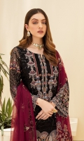 Embroidered Chiffon front with sequins Embroidered Chiffon back Embroidered Chiffon sleeves Embroidered Organza sleeves lace Embroidered Organza ghera lace Embroidered Net dupatta – 2.5 Meter Raw silk trouser – 2.5 Meter Embroidered Organza trouser lace