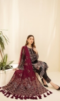 Embroidered Chiffon front with sequins Embroidered Chiffon back Embroidered Chiffon sleeves Embroidered Organza sleeves lace Embroidered Organza ghera lace Embroidered Net dupatta – 2.5 Meter Raw silk trouser – 2.5 Meter Embroidered Organza trouser lace