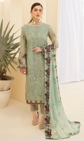 Embroidered Chiffon front with sequins Embroidered Chiffon back Embroidered Chiffon sleeves Embroidered Organza sleeves lace with pasting Embroidered Organza ghera lace Embroidered Chiffon dupatta – 2.5 Meter Raw silk trouser – 2.5 Meter Embroidered Organza trouser lace