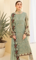 Embroidered Chiffon front with sequins Embroidered Chiffon back Embroidered Chiffon sleeves Embroidered Organza sleeves lace with pasting Embroidered Organza ghera lace Embroidered Chiffon dupatta – 2.5 Meter Raw silk trouser – 2.5 Meter Embroidered Organza trouser lace