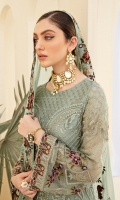 Embroidered Chiffon front with sequins Embroidered Chiffon back Embroidered Chiffon sleeves Embroidered Organza sleeves lace with pasting Embroidered Organza ghera lace Embroidered Chiffon dupatta – 2.5 Meter Raw silk trouser – 2.5 Meter Embroidered Organza trouser lace