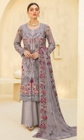 Embroidered Chiffon front with sequins Embroidered Chiffon back Embroidered Chiffon sleeves Embroidered Organza sleeves lace –1.25 Embroidered Organza ghera lace Embroidered chiffon Dupatta – 2.5 Meter Raw Silk trouser – 2.5 Meter Embroidered Organza trouser lace