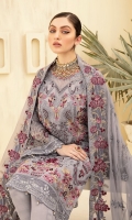 Embroidered Chiffon front with sequins Embroidered Chiffon back Embroidered Chiffon sleeves Embroidered Organza sleeves lace –1.25 Embroidered Organza ghera lace Embroidered chiffon Dupatta – 2.5 Meter Raw Silk trouser – 2.5 Meter Embroidered Organza trouser lace