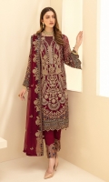 Embroidered Chiffon front with sequins Embroidered Chiffon back Embroidered Chiffon sleeves Embroidered Organza sleeves lace Embroidered Organza ghera lace Embroidered Chiffon dupatta – 2.5 Meter Raw silk trouser – 2.5 Meter Embroidered Organza trouser lace
