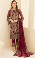 Embroidered Chiffon front with sequins Embroidered Chiffon back Embroidered Chiffon sleeves Embroidered Organza sleeves lace Embroidered Organza ghera lace Embroidered Chiffon dupatta – 2.5 Meter Raw silk trouser – 2.5 Meter Embroidered Organza trouser lace