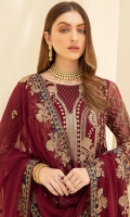 Embroidered Chiffon front with sequins Embroidered Chiffon back Embroidered Chiffon sleeves Embroidered Organza sleeves lace Embroidered Organza ghera lace Embroidered Chiffon dupatta – 2.5 Meter Raw silk trouser – 2.5 Meter Embroidered Organza trouser lace