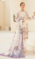 Embroidered Chiffon front with sequins Embroidered Chiffon back Embroidered Chiffon sleeves Embroidered Organza sleeves lace Embroidered Organza ghera lace Digital printed silk dupatta – 2.5 Meter Raw Silk trouser – 2.5 Meter Embroidered Organza trouser lace