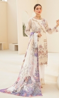 Embroidered Chiffon front with sequins Embroidered Chiffon back Embroidered Chiffon sleeves Embroidered Organza sleeves lace Embroidered Organza ghera lace Digital printed silk dupatta – 2.5 Meter Raw Silk trouser – 2.5 Meter Embroidered Organza trouser lace