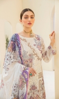 Embroidered Chiffon front with sequins Embroidered Chiffon back Embroidered Chiffon sleeves Embroidered Organza sleeves lace Embroidered Organza ghera lace Digital printed silk dupatta – 2.5 Meter Raw Silk trouser – 2.5 Meter Embroidered Organza trouser lace