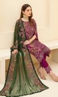 Embroidered Chiffon front with sequins Embroidered Chiffon back Embroidered Chiffon sleeves Embroidered Organza sleeves lace Embroidered Organza ghera lace Embroidered chiffon dupatta – 2.5 Meter Raw Silk trouser – 2.5 Meter Embroidered Organza trouser lace