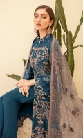 Embroidered Chiffon front with sequins         Embroidered Chiffon back Embroidered Chiffon sleeves Embroidered Organza sleeves lace Embroidered Organza ghera lace Embroidered Net dupatta – 2.5 Meter Raw silk trouser – 2.5 Meter Embroidered Organza trouser lace