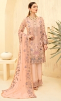 Embroidered Chiffon front with sequins Embroidered Chiffon back Embroidered Chiffon sleeves Embroidered Organza sleeves lace–1.25 Embroidered Organza ghera lace Embroidered Chiffon dupatta – 2.5 Meter Raw Silk trouser – 2.5 Meter Embroidered Organza trouser lace