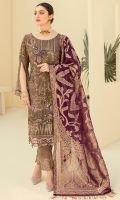 Embroidered Chiffon front with sequins Embroidered Chiffon back Embroidered Chiffon sleeves Embroidered Organza sleeves lace –2.5 Meter Embroidered Organza ghera lace Jamawar dupatta – 2.5 Meter Raw Silk trouser – 2.5 Meter Embroidered Organza trouser lace  