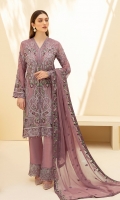 Embroidered Chiffon front with sequins Embroidered Chiffon back Embroidered Chiffon sleeves Embroidered Organza sleeves lace with pasting Embroidered Organza ghera lace Embroidered Chiffon dupatta – 2.5 Meter Raw silk trouser – 2.5 Meter Embroidered Organza trouser lace