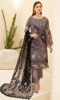 Embroidered Chiffon front with sequins Embroidered Chiffon back Embroidered Chiffon sleeves Embroidered Organza sleeves lace Embroidered Organza ghera lace Embroidered Net dupatta – 2.5 Meter Raw silk trouser – 2.5 Meter Embroidered Organza trouser lace