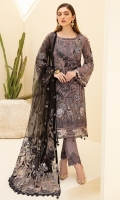 Embroidered Chiffon front with sequins Embroidered Chiffon back Embroidered Chiffon sleeves Embroidered Organza sleeves lace Embroidered Organza ghera lace Embroidered Net dupatta – 2.5 Meter Raw silk trouser – 2.5 Meter Embroidered Organza trouser lace